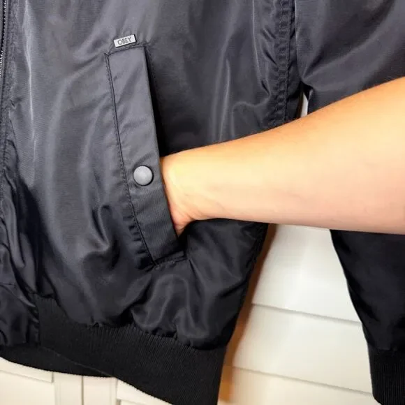 Obey Rose Embroidery Fleece-Lined Longline Black Bomber Jacket size M - Picture 10 of 12